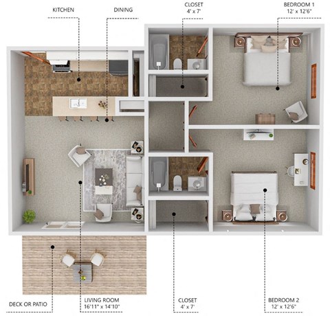 A diagram of a small apartment layout with a kitchen, dining area, living room, and two bedrooms.